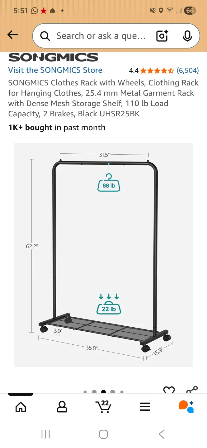 SONGMICS Clothes Rack with Wheels and Storage Shelf - Black - photo 2