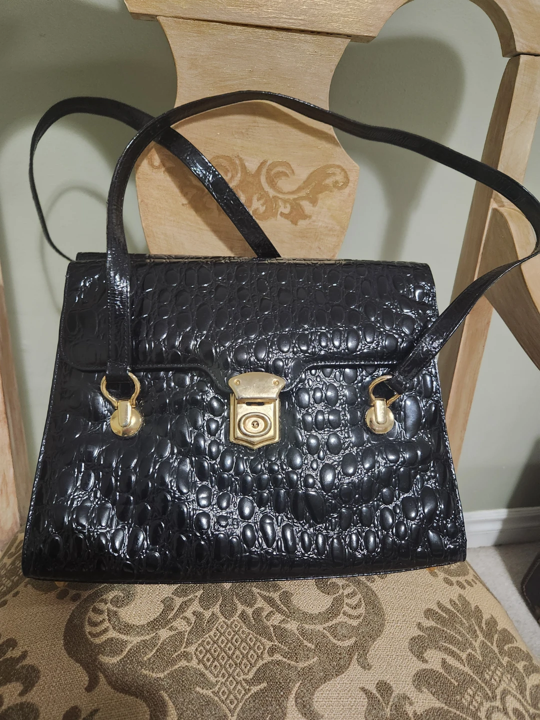 Black Embossed Handbag with Gold Hardware