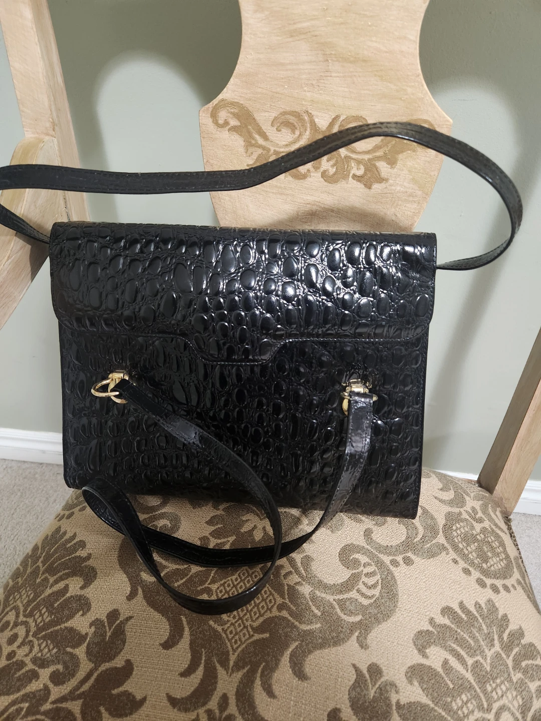 Black Embossed Handbag with Gold Hardware - photo 2