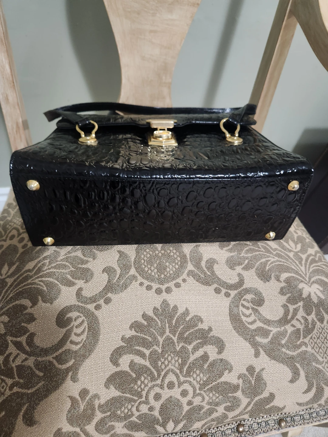 Black Embossed Handbag with Gold Hardware - photo 3
