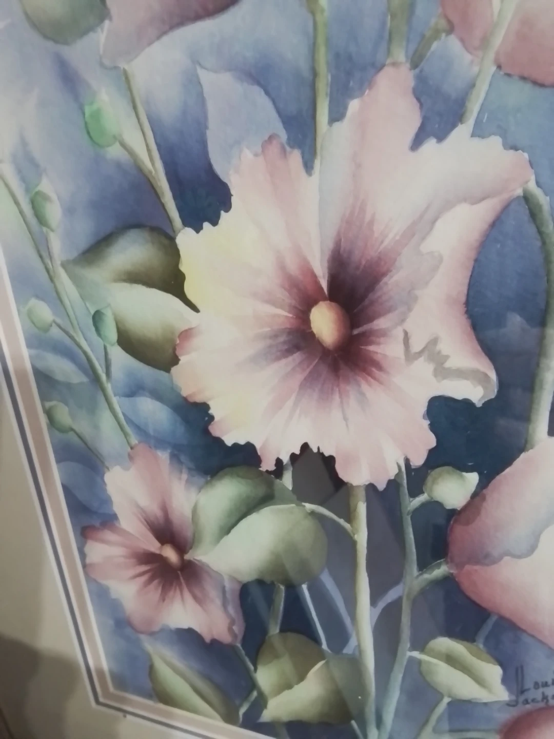 Framed Watercolour Painting of Pink Hollyhocks by Louise Jackson - photo 4