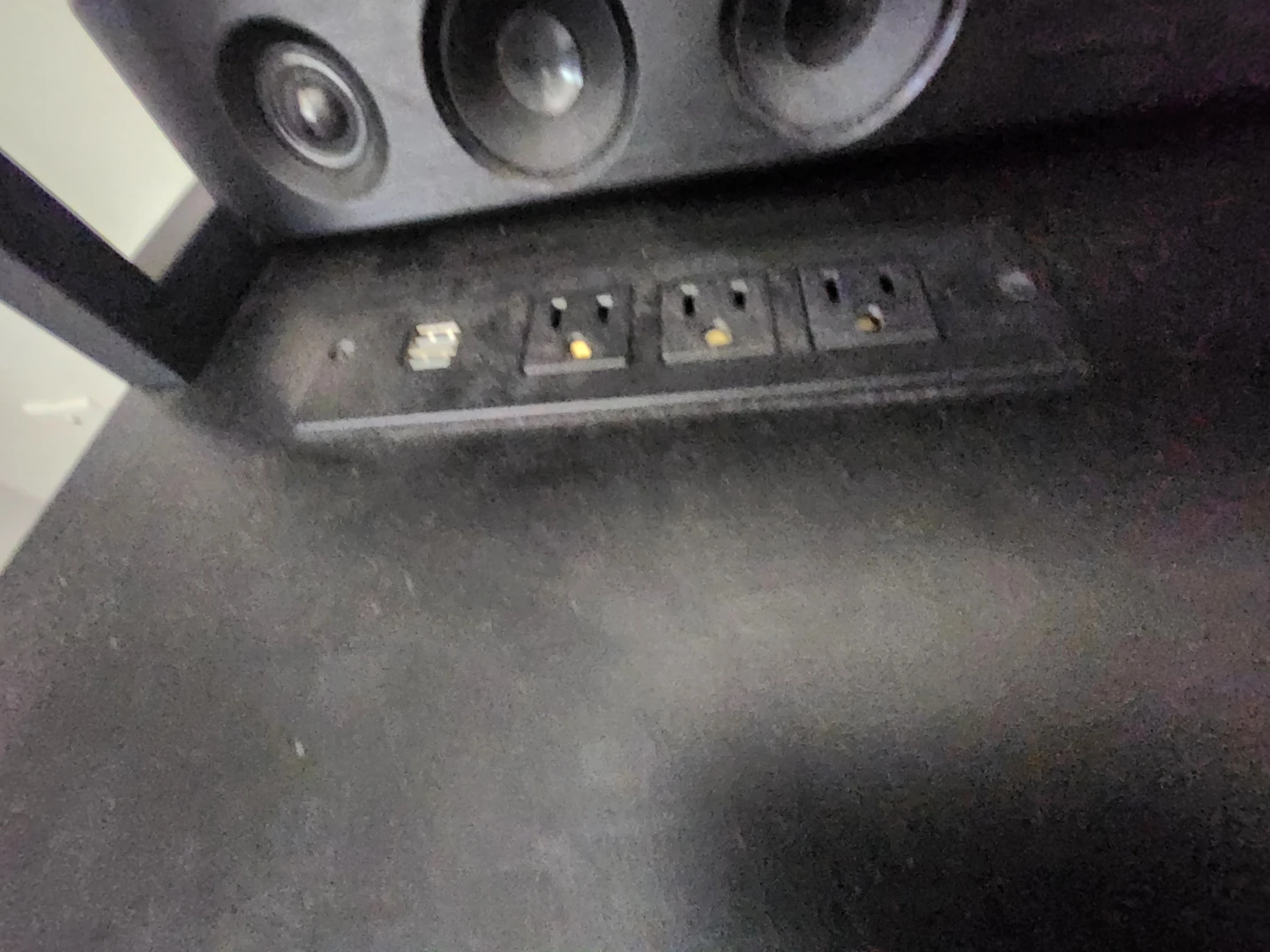 Black Gaming Desk with Built-in Power Strip and Soundbar Mount