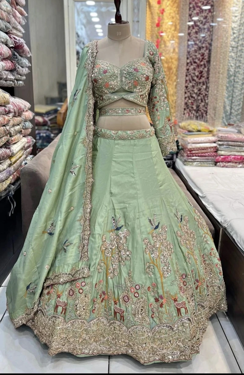 Light Green Embroidered Lehenga with Deer and Bird Motifs