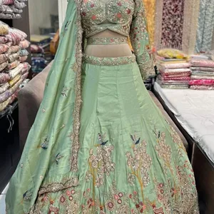 Light Green Embroidered Lehenga with Deer and Bird Motifs