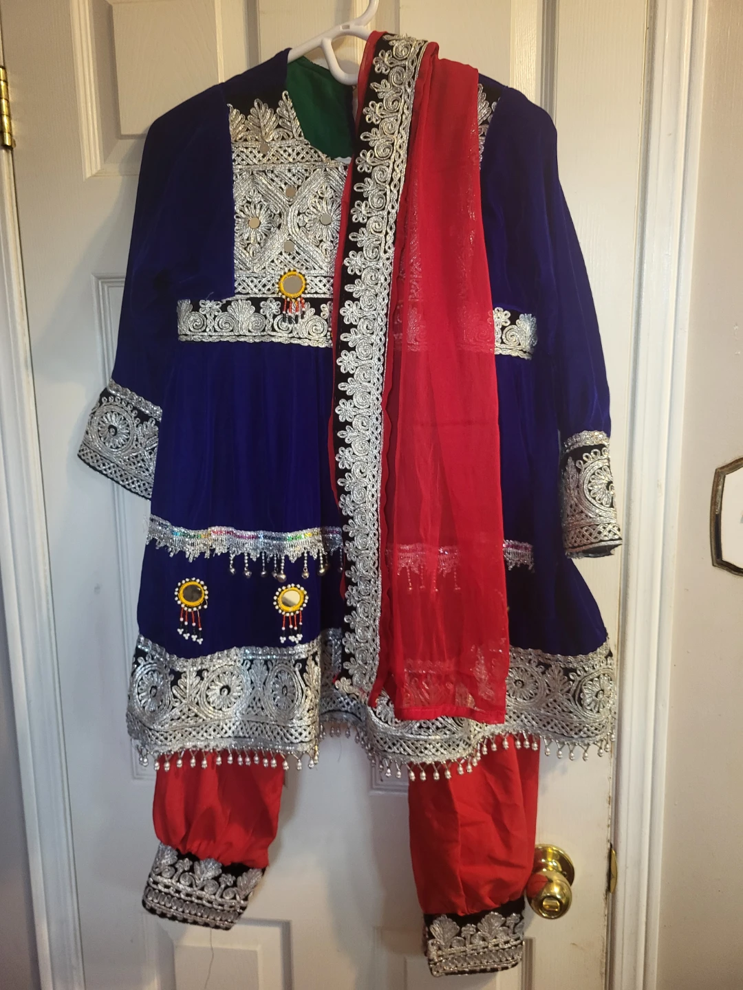 Blue Velvet Afghan Traditional Dress with Red Pants