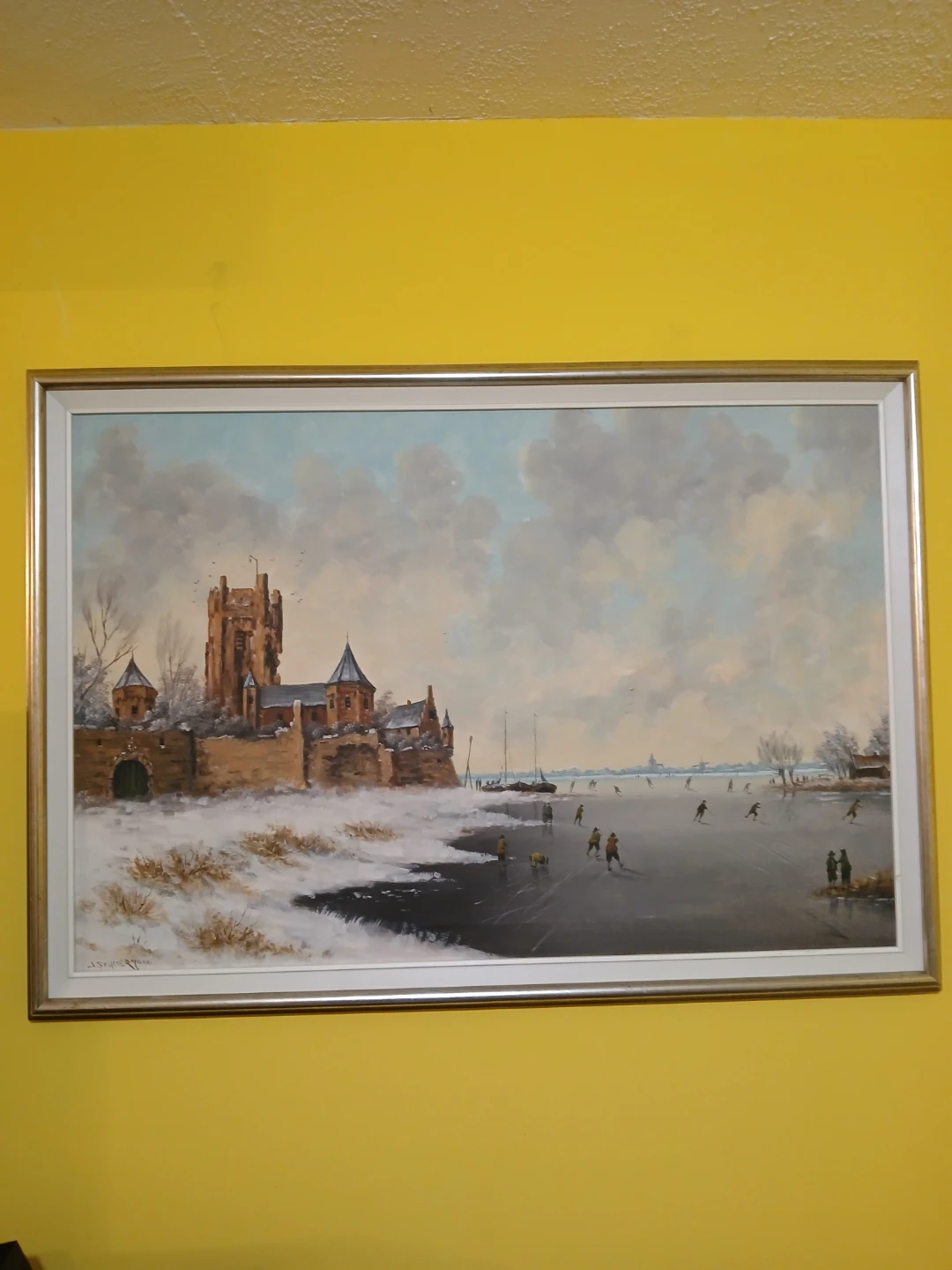 Vintage Winter Scene Oil Painting with Castle and Ice Skaters - photo 3