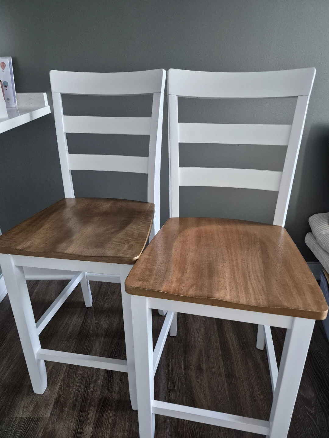 Set of 2 White Wooden Counter Stools with Natural Wood Seats