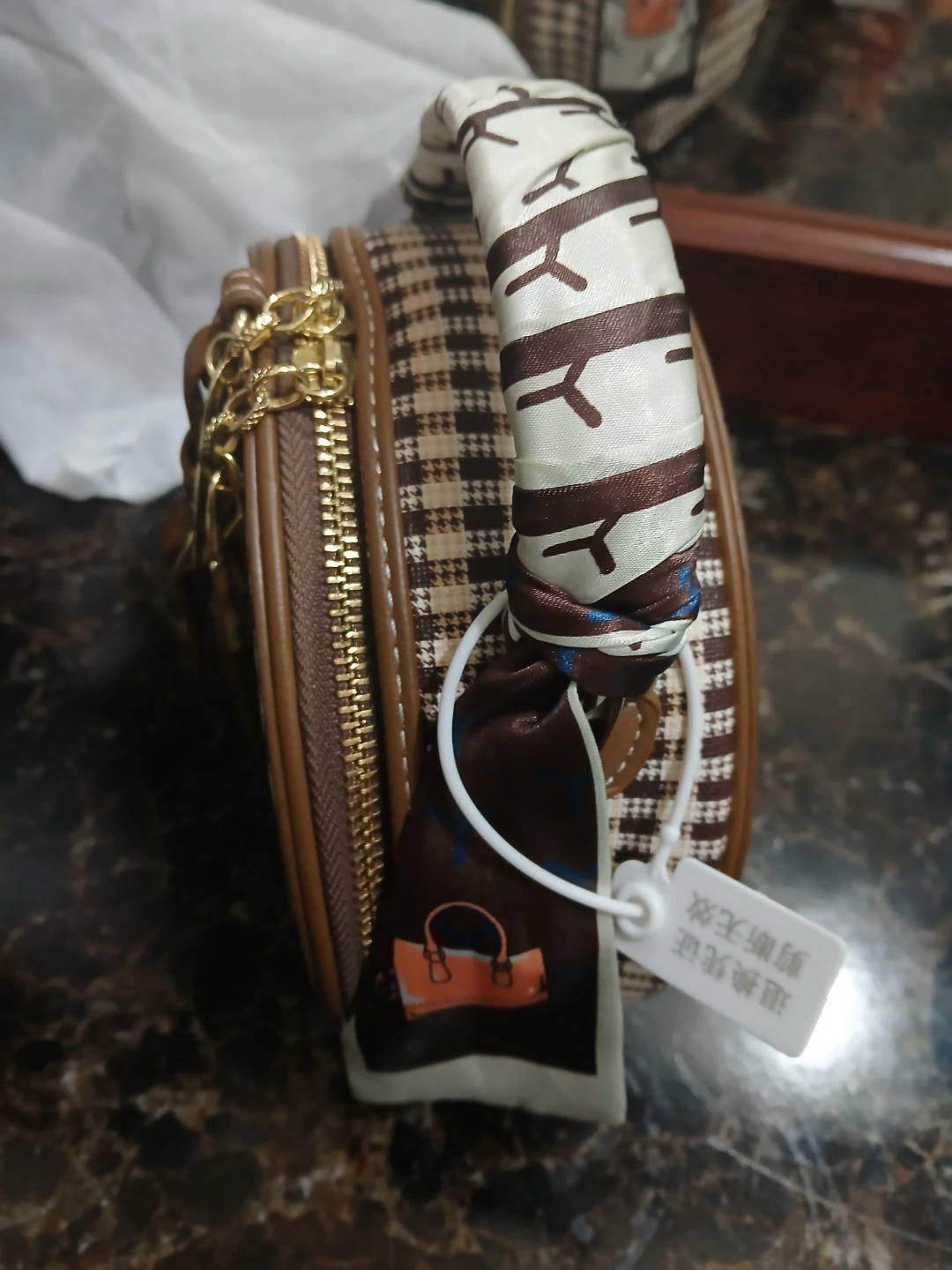 Brown Plaid Round Handbag with Scarf Handle - photo 4