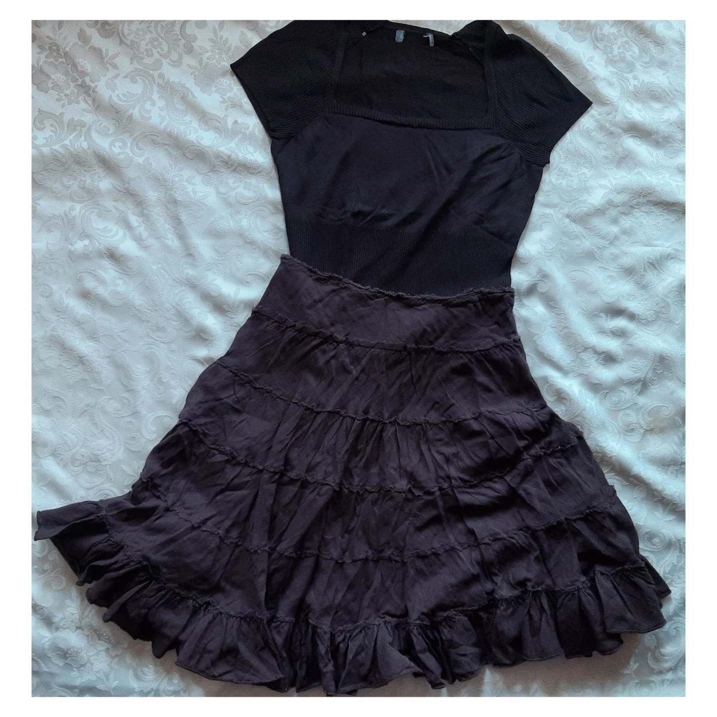 Dark Brown tiered midi skirt and dark brown square neck top