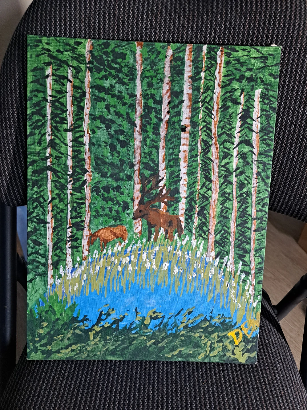 Acrylic Painting of Moose and Calf in Forest
