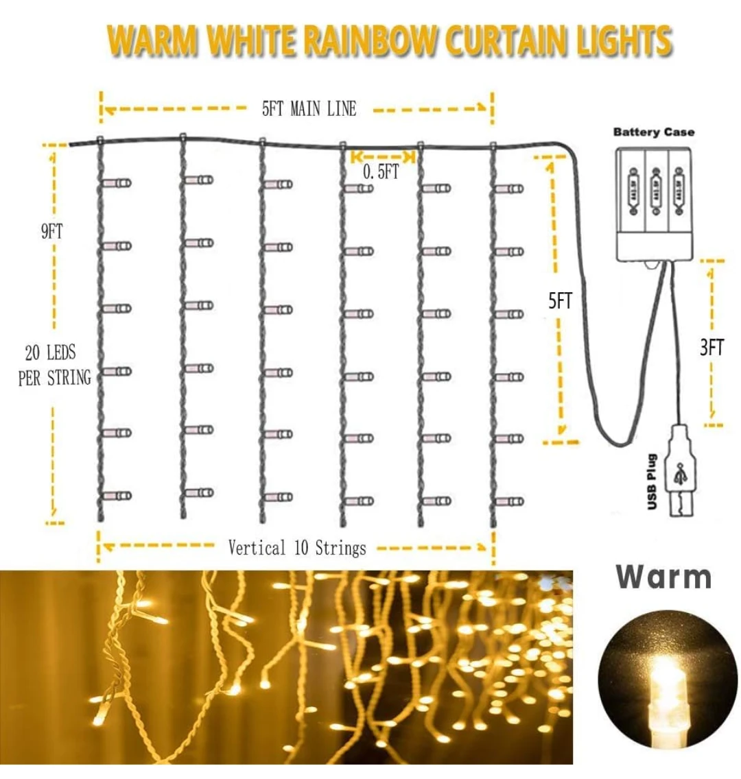 Warm White Curtain String Lights with Remote
