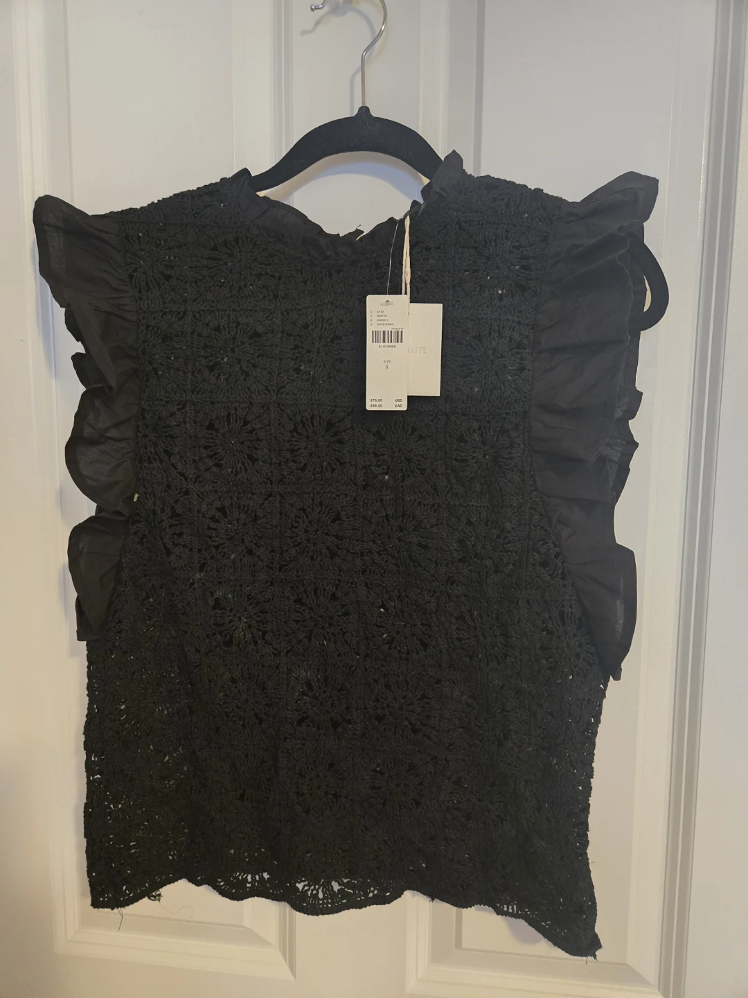 Anthropologie Black Crochet & Cotton Flutter Sleeve Top - Size S