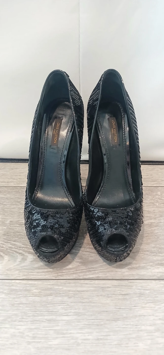 Louis Vuitton Black Sequin Peep-Toe Heels Size 38/8 - photo 2