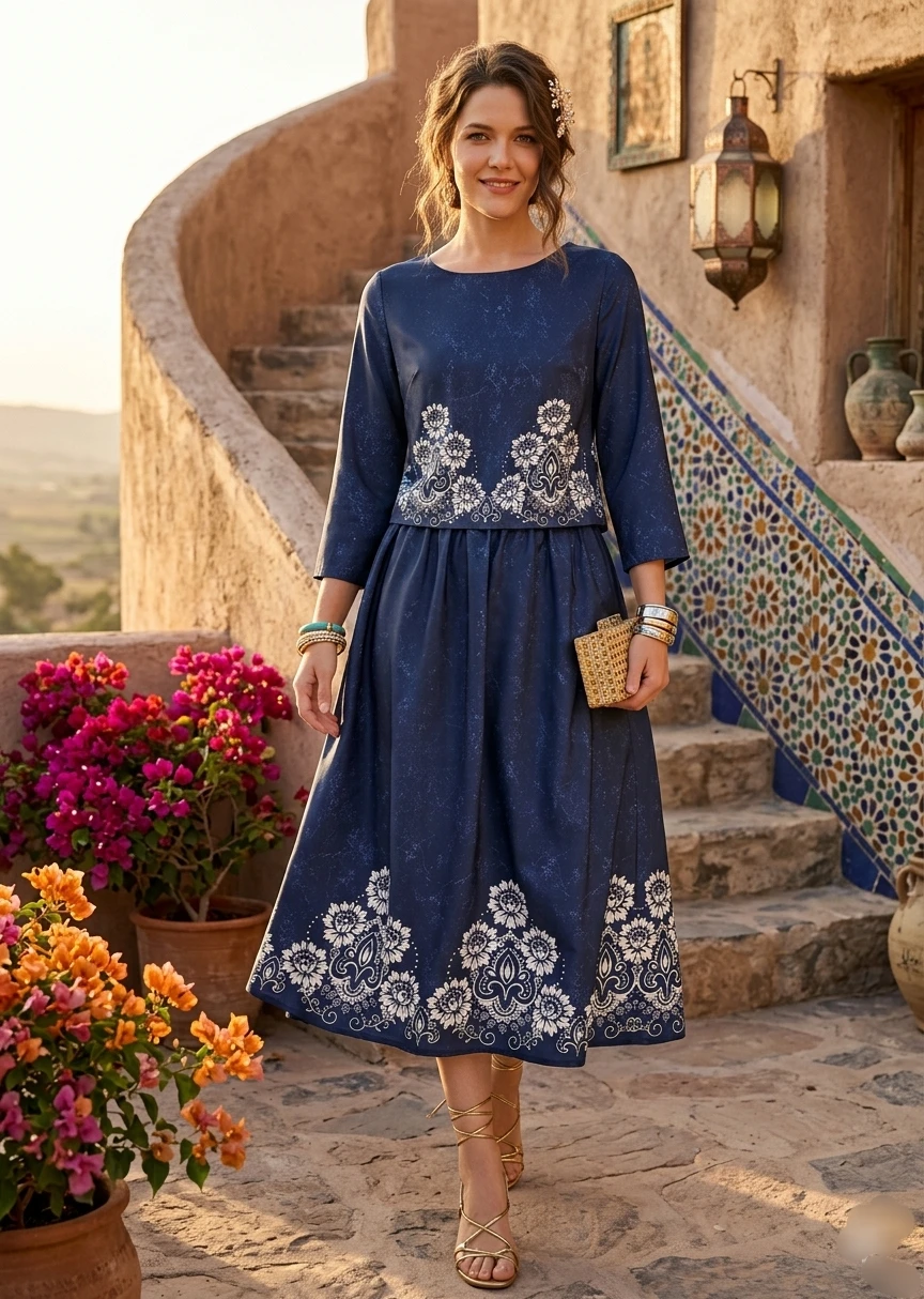 Navy Blue Embroidered print pattern Two-Piece Dress