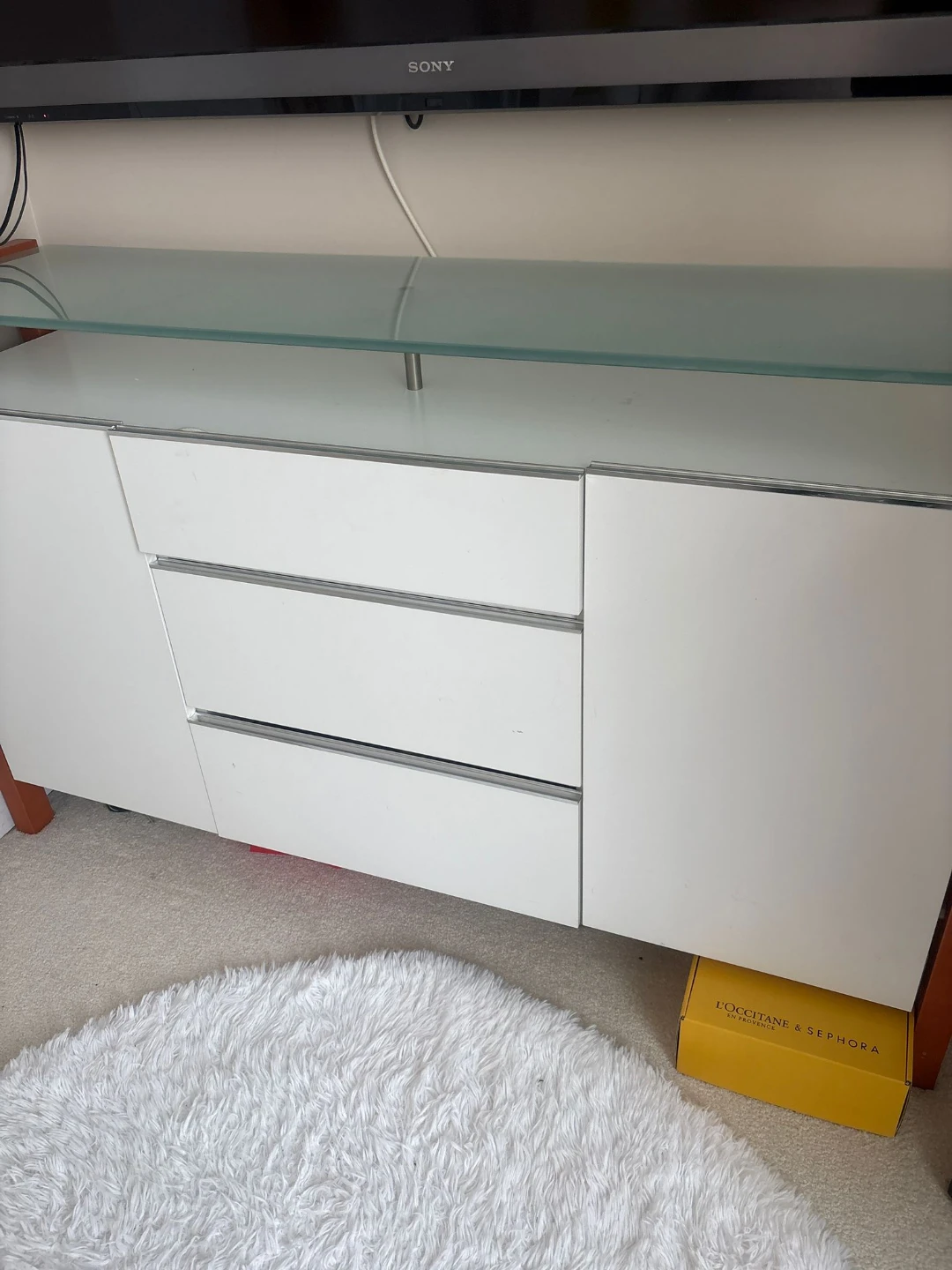 White Sideboard with Glass Top and Wooden Frame