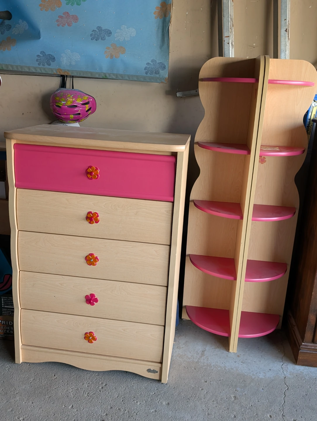 Wooden Dresser with Pink Drawer and Flower Knobs