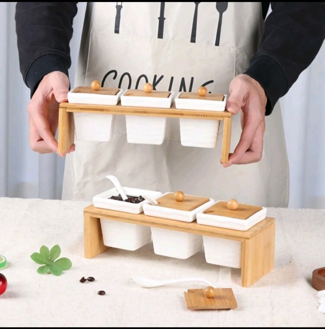 3-Piece Ceramic Condiment Jar Set with Bamboo Stand - photo 5