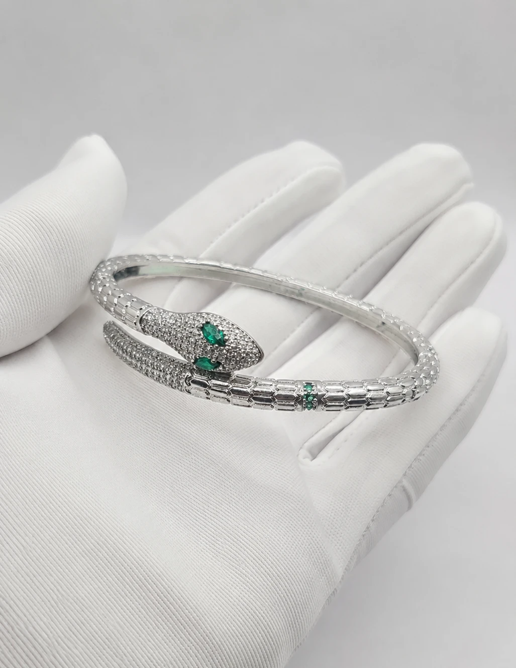 Snake Bangle Bracelet with Emerald Eyes and Crystal Accents
