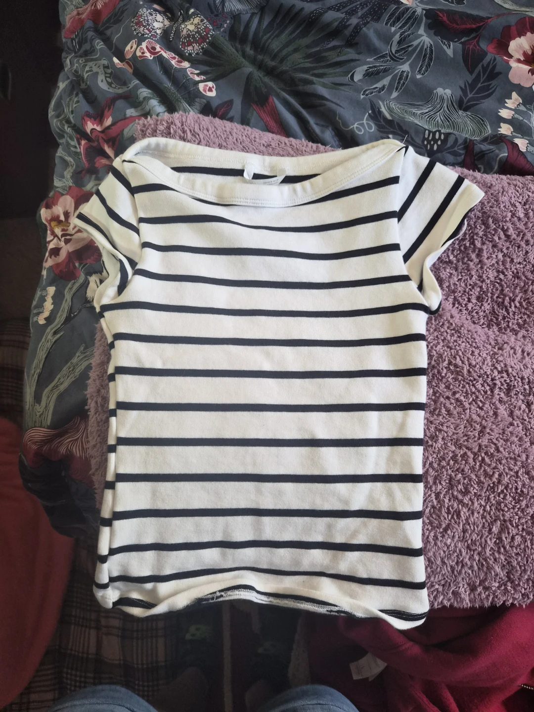 Striped Boat Neck T-Shirt - White/Navy