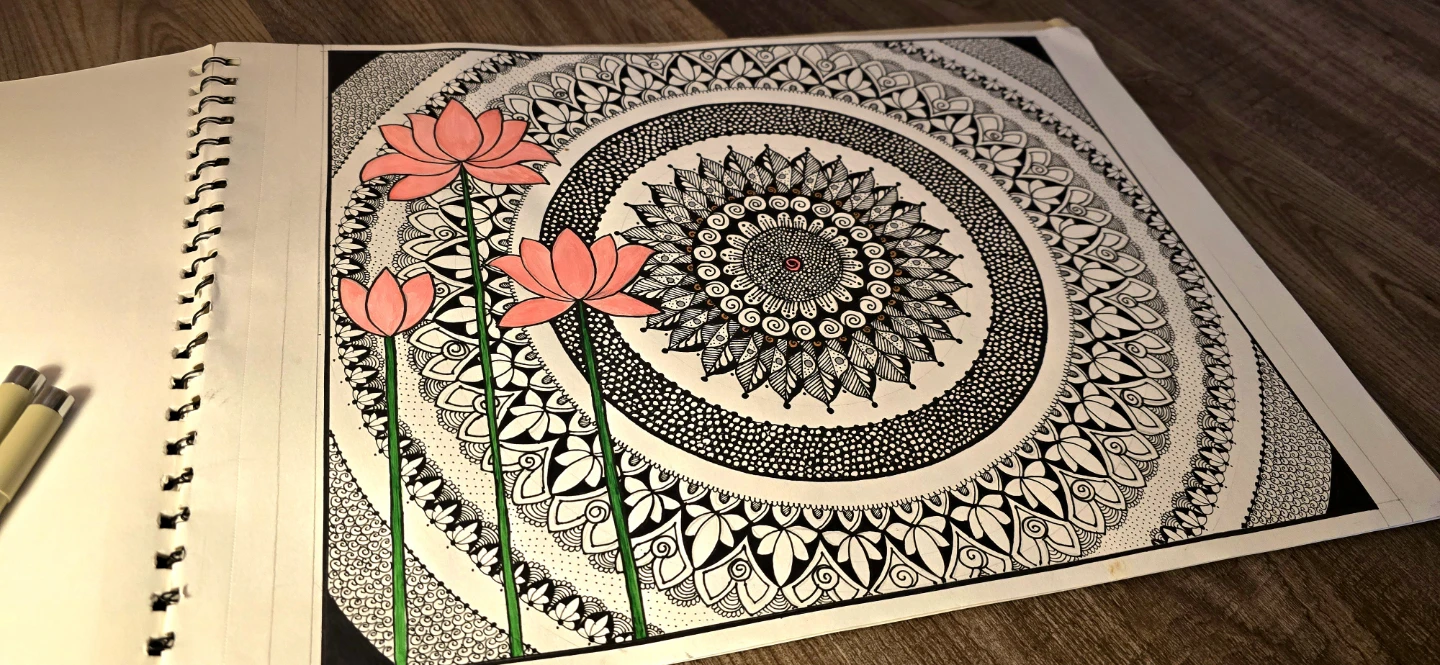 Hand-Drawn Mandala Art with Lotus Flowers