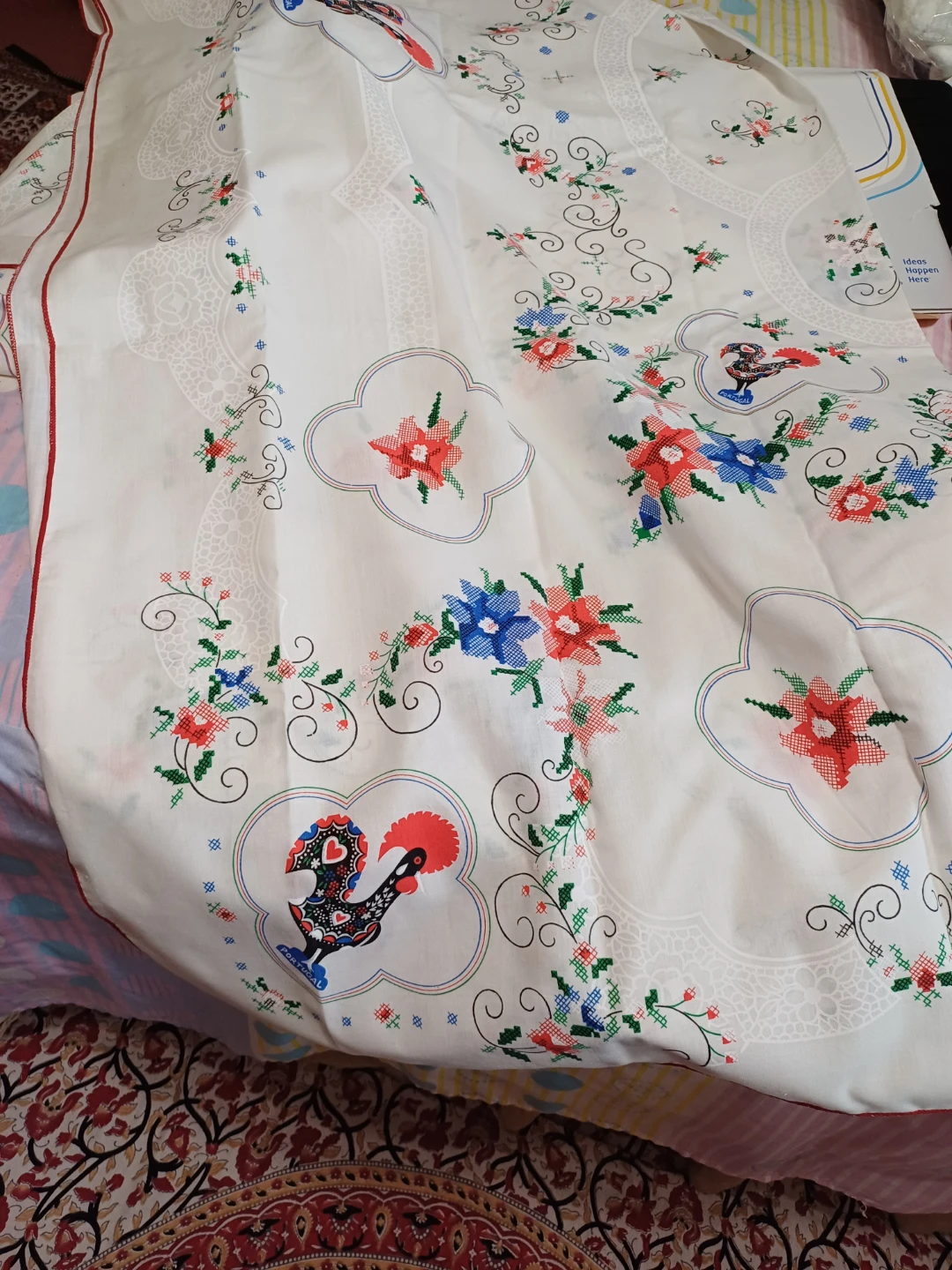 Vintage Embroidered Tablecloth with Roosters and Flowers
