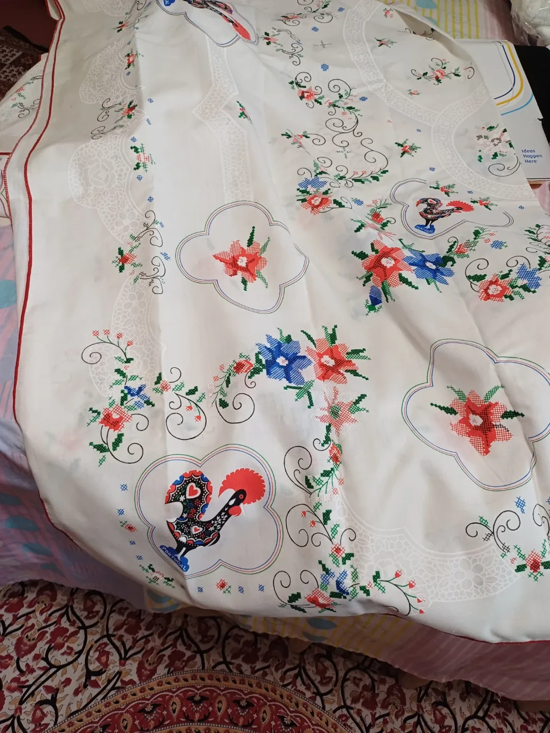 Vintage Embroidered Tablecloth with Roosters and Flowers