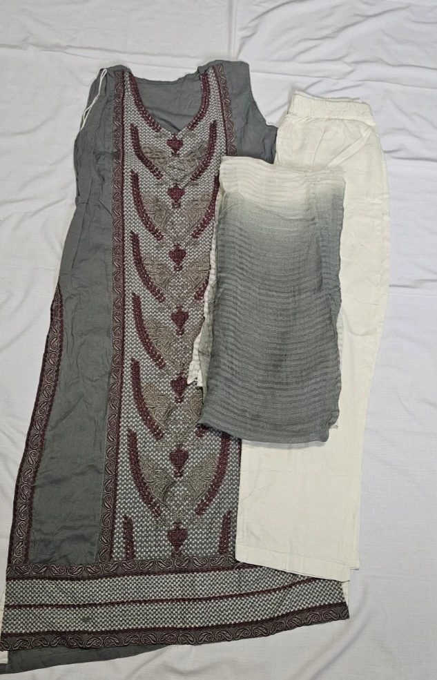 Grey Embroidered Kurti Set with White Pants and Scarf