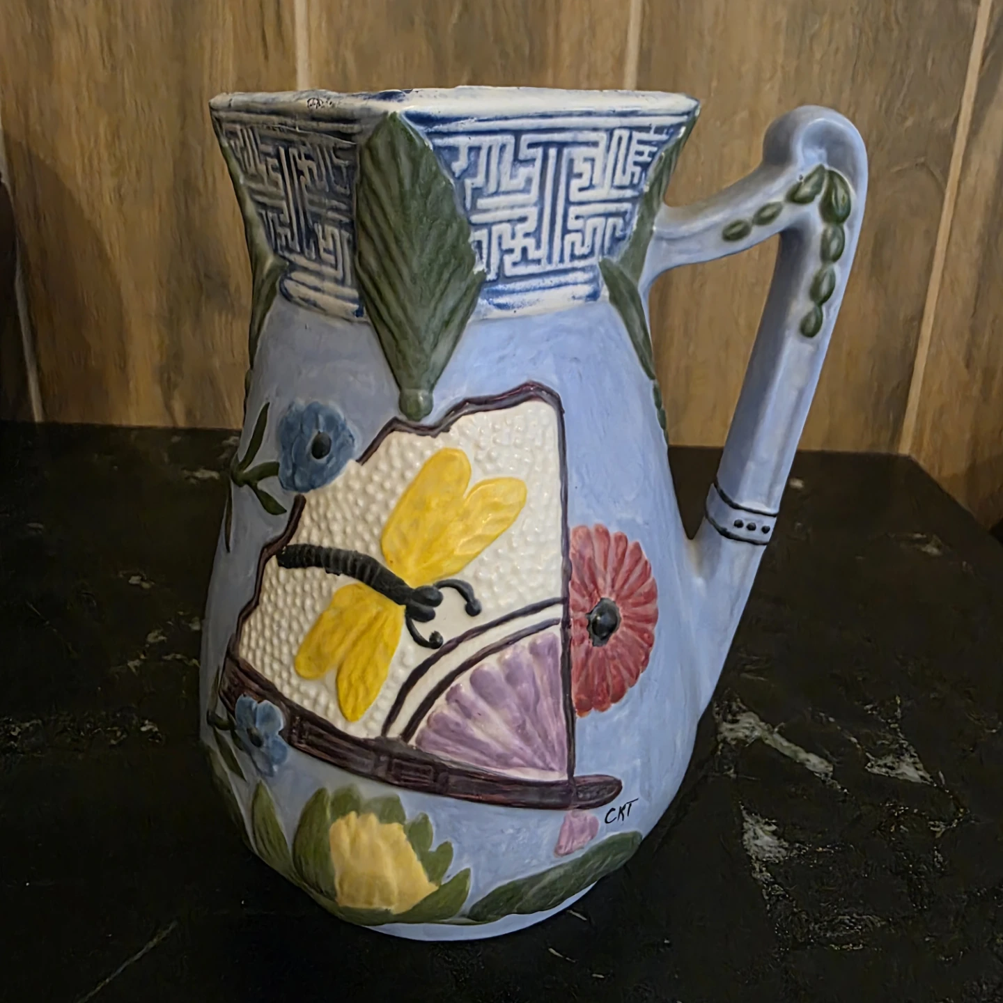 Ceramic Pitcher with Dragonfly and Floral Design 1890s
