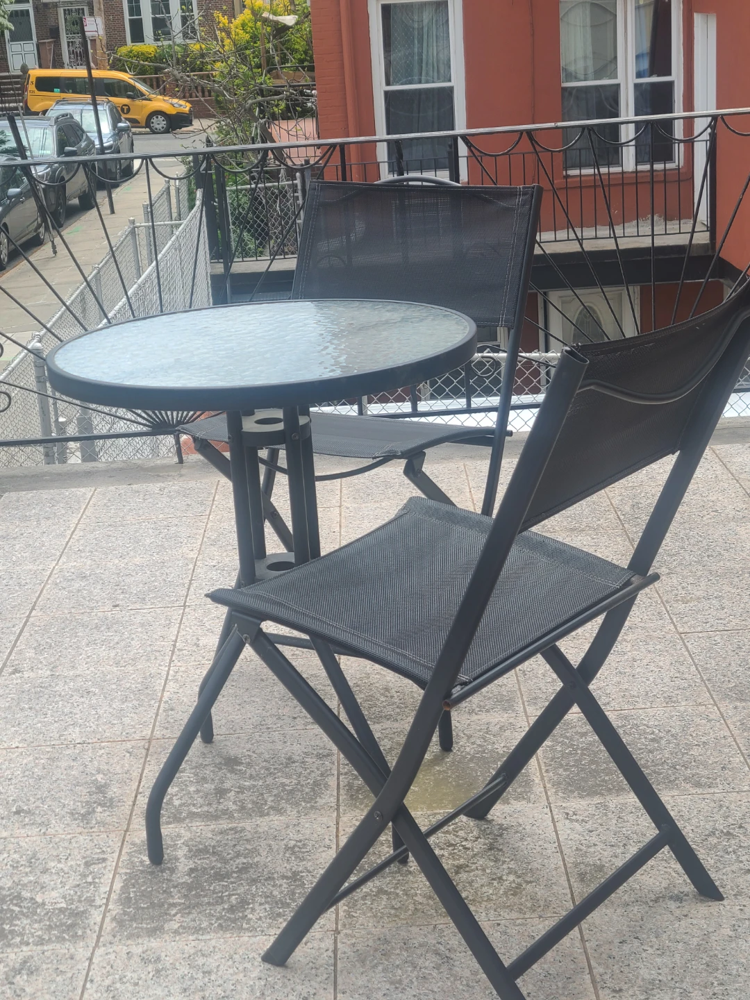 Glass Patio Table Set with 2 Folding Chairs