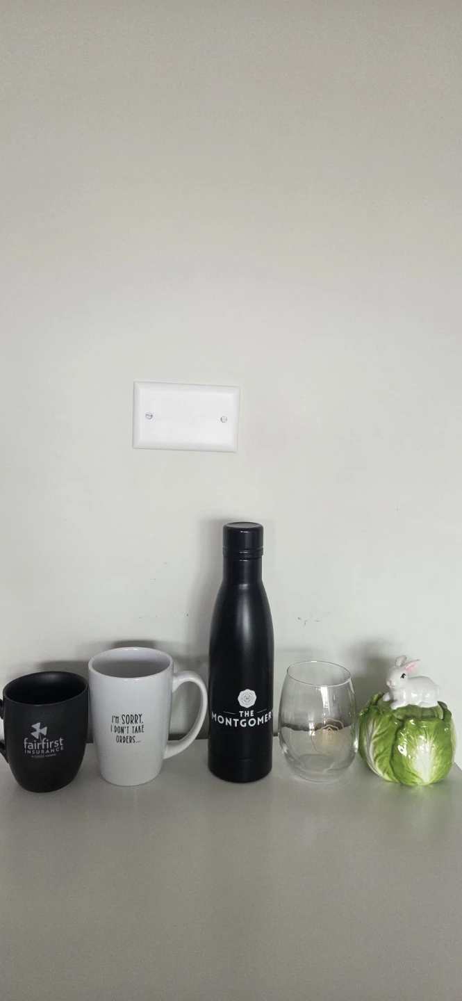 Cups, glass, thermos water bottle, sugar dish