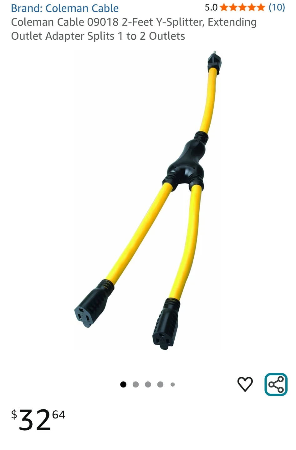 2-Feet Y-Splitter, 1 to 2 Outlets