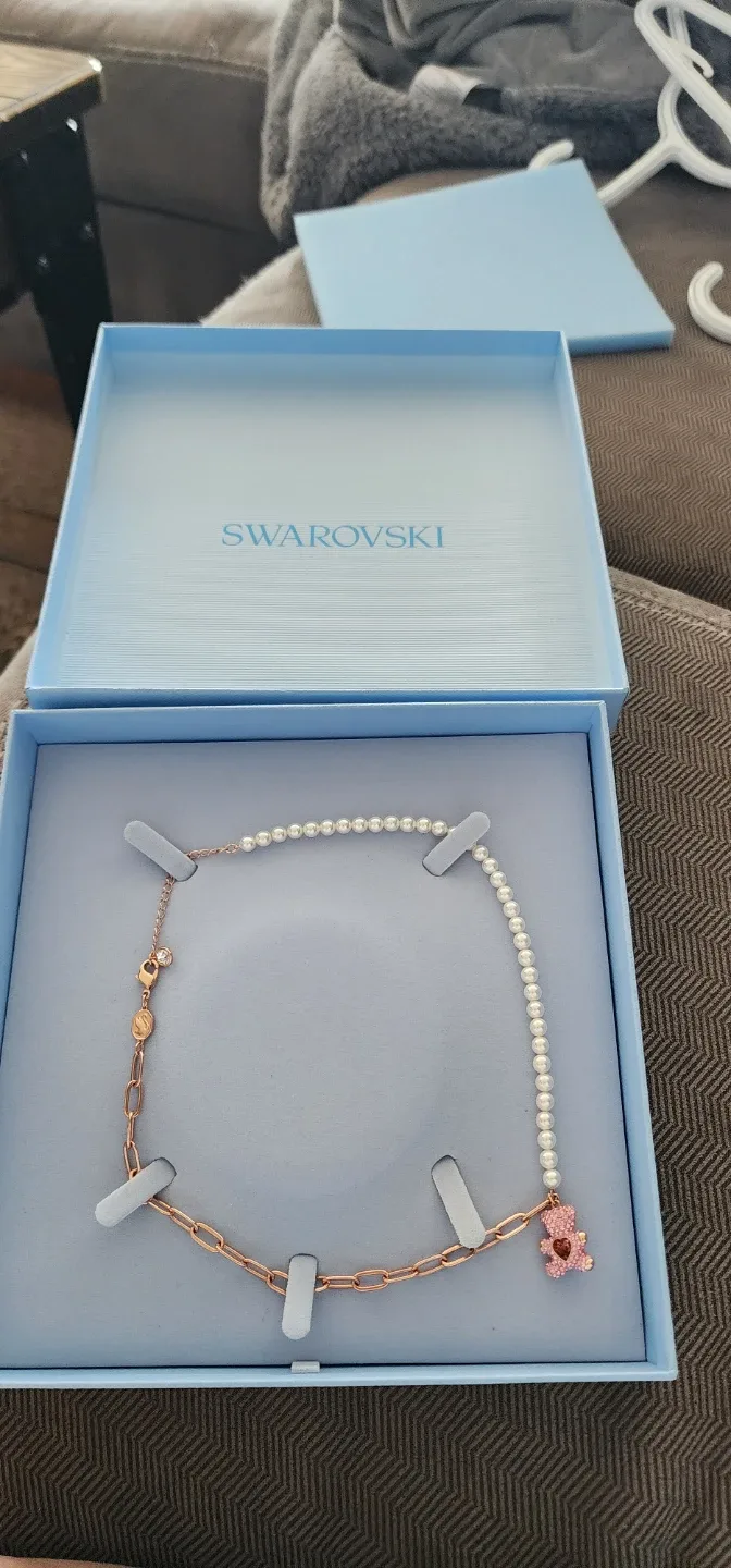 Swarovski Teddy Bear Pearl Necklace Rose Gold Tone