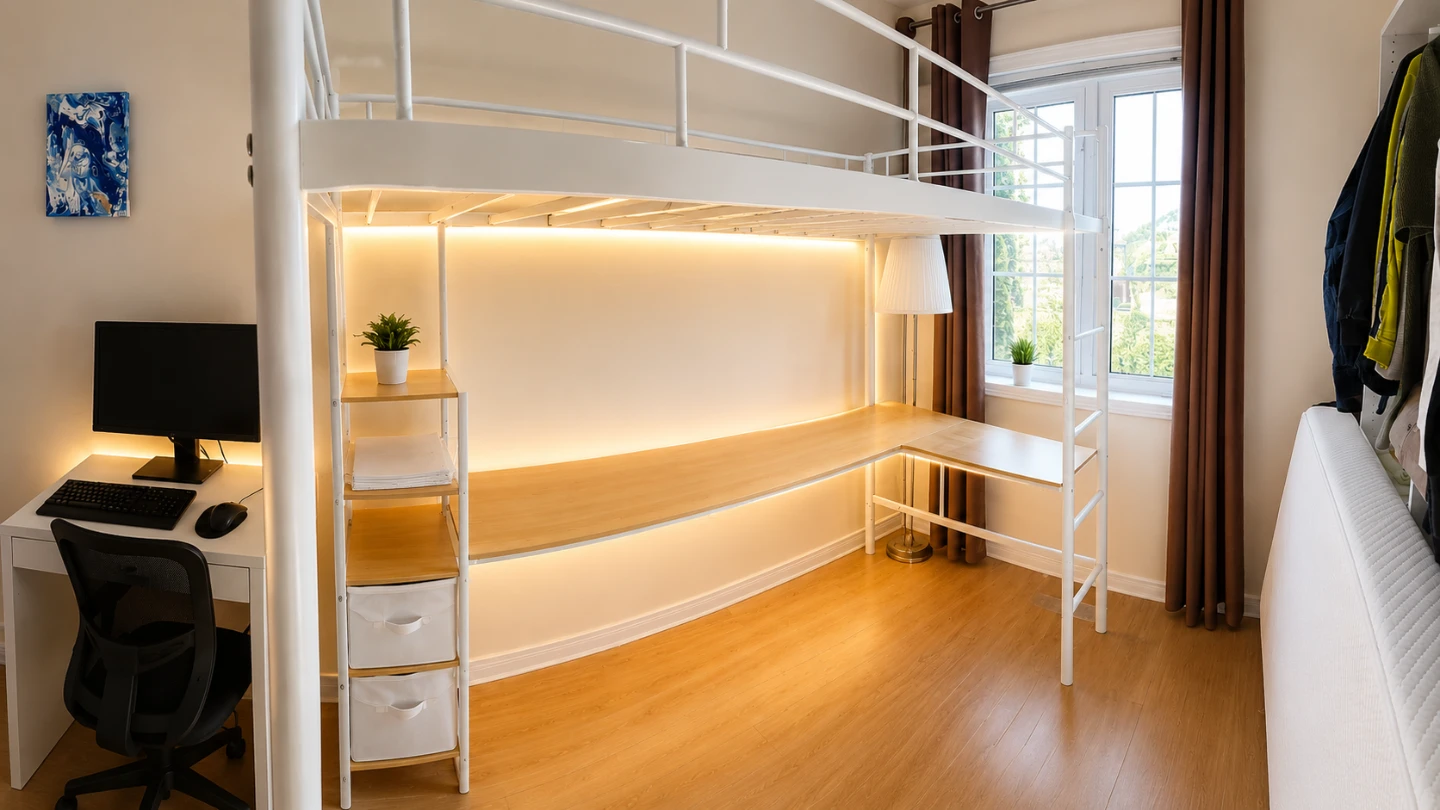 White Loft Bed with Built-in Desk and Shelving