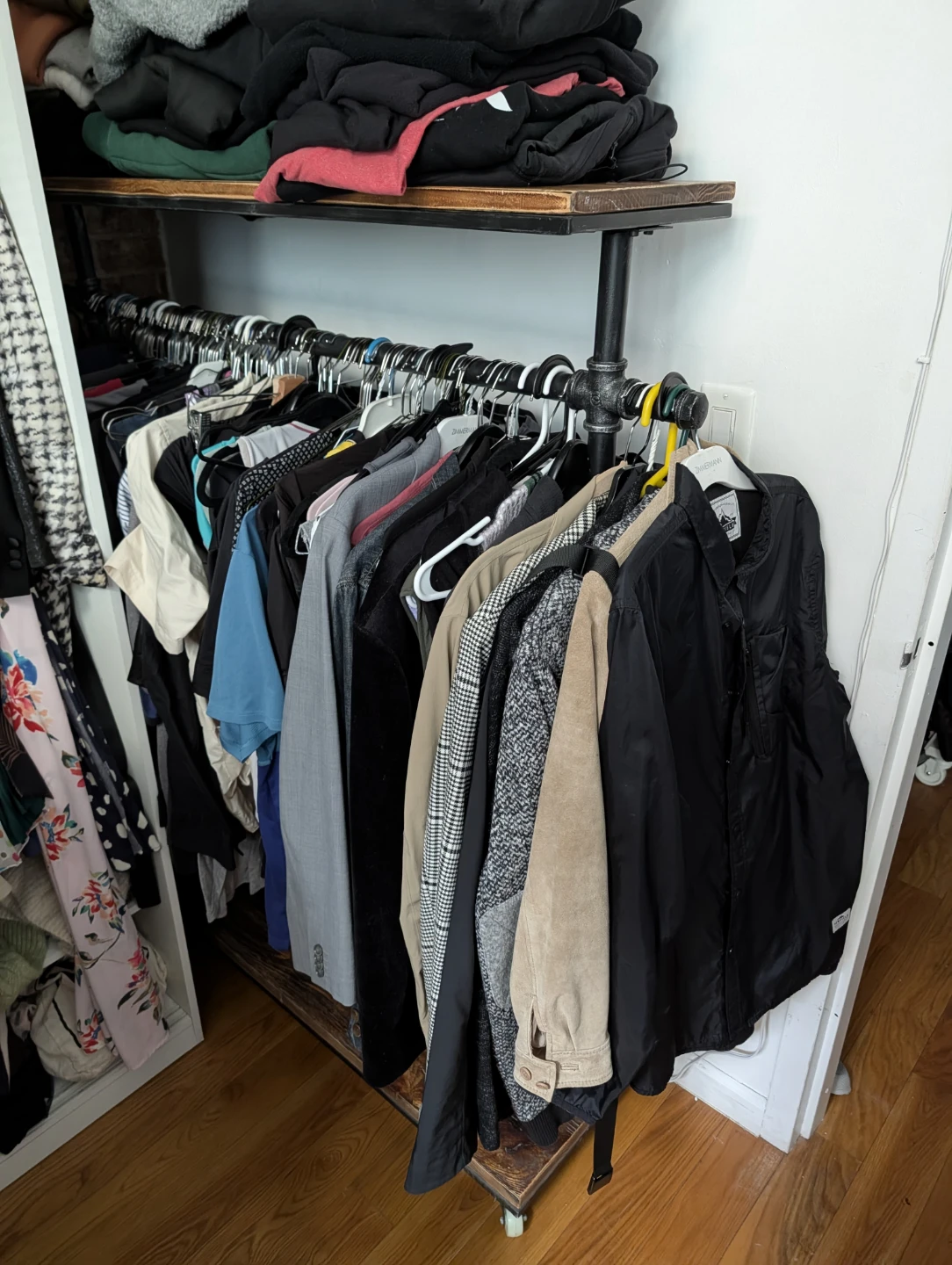 Industrial Pipe & Dark Walnut Rolling Clothing Rack