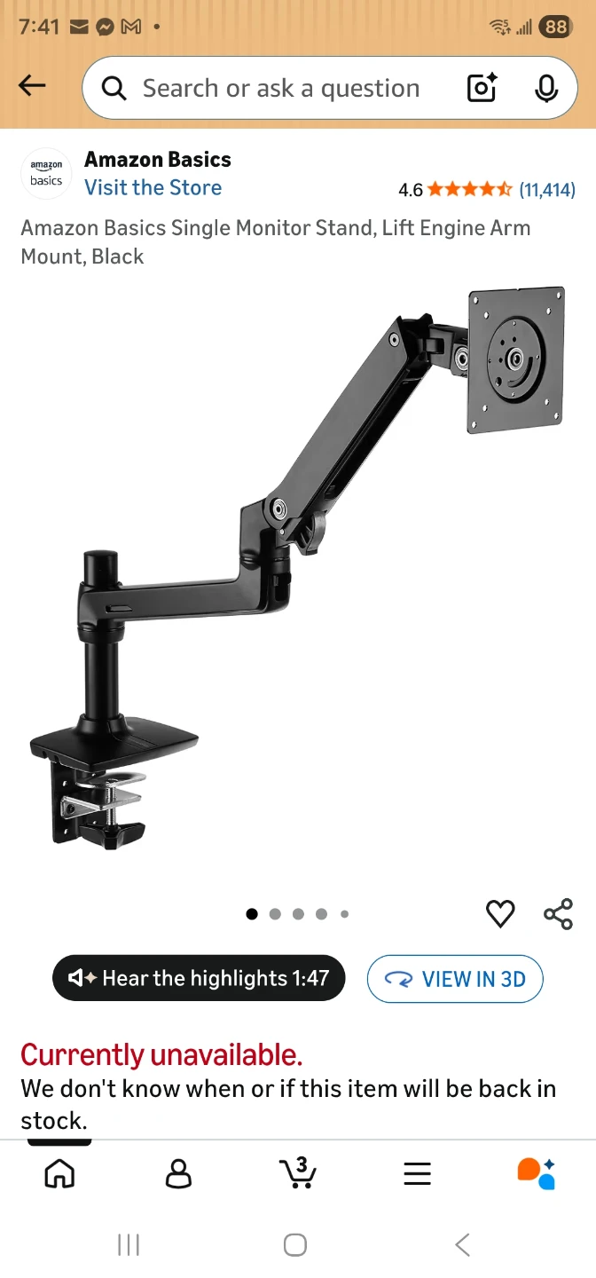 Amazon Basics Single Monitor Stand, Lift Engine Arm Mount, Black