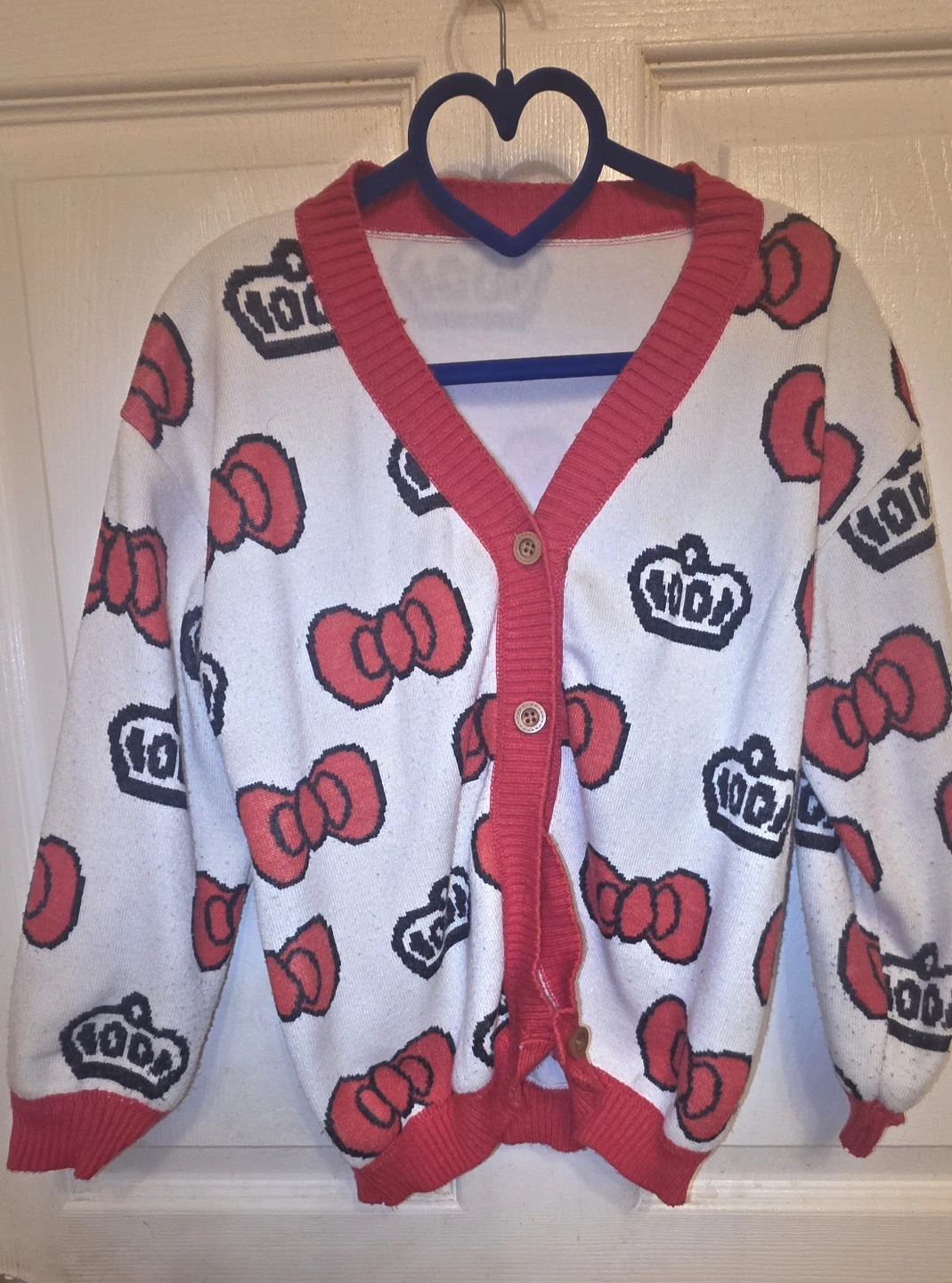 White & Red Bow & Crown Knit Cardigan