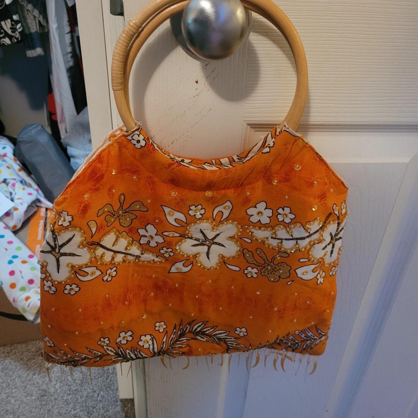 Orange Floral Print Shoulder Bag with Bamboo Handles