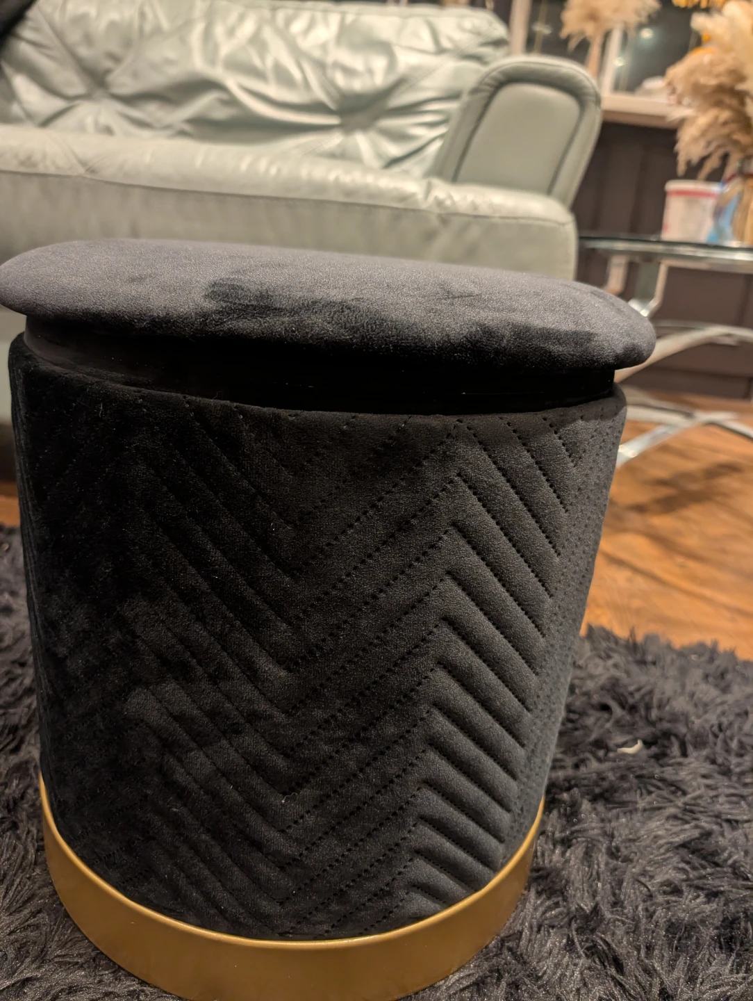 Black Velvet Storage Ottoman with Wood Lid