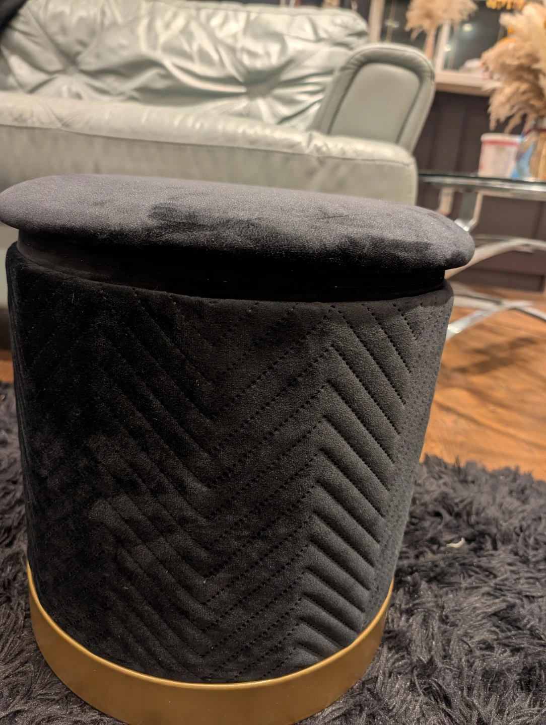 Black Velvet Storage Ottoman with Wood Lid - photo 2