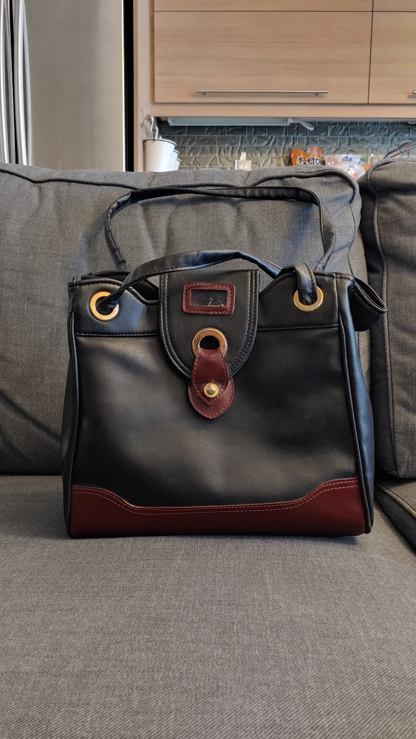 Black Faux Leather Handbag with Burgundy Accents