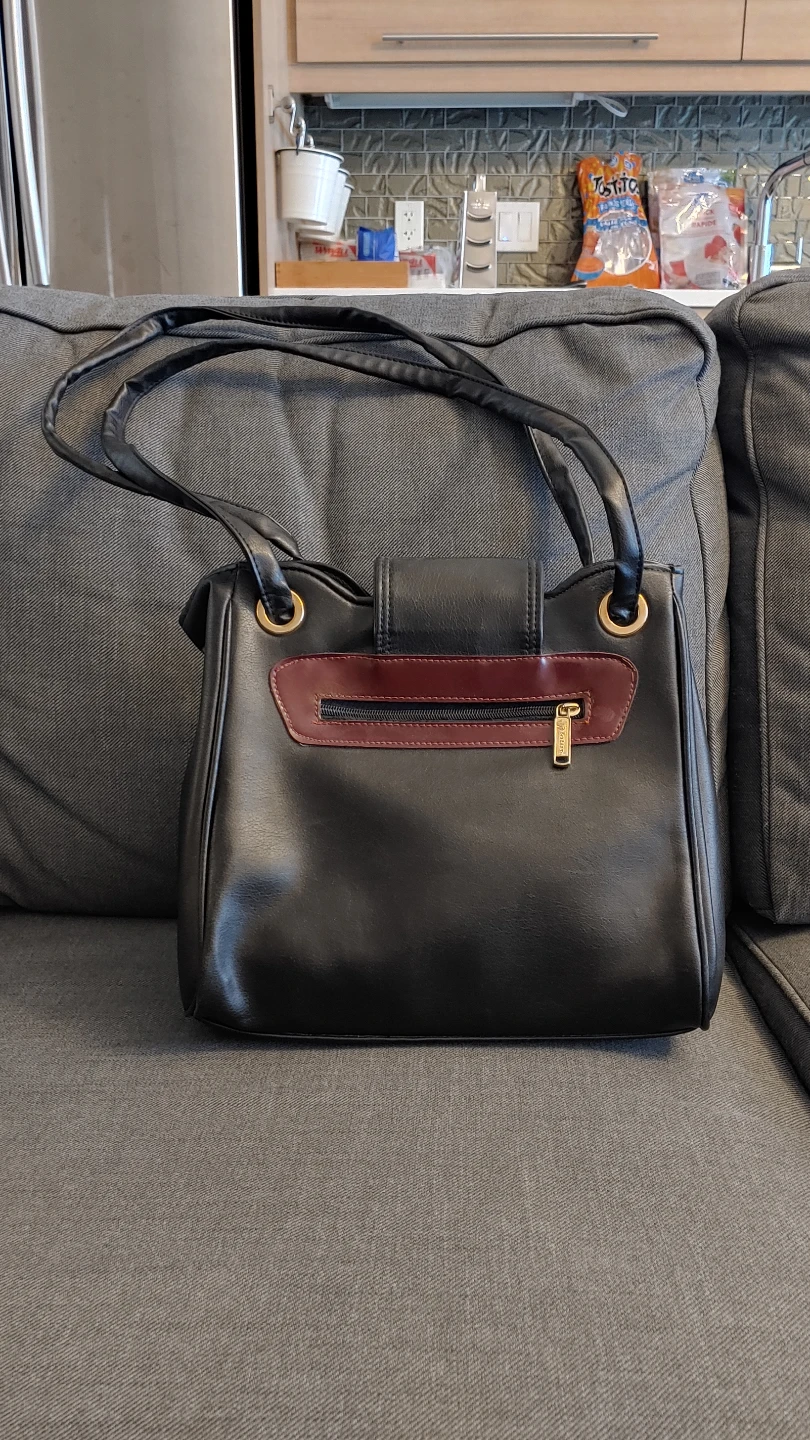 Black Faux Leather Handbag with Burgundy Accents - photo 2