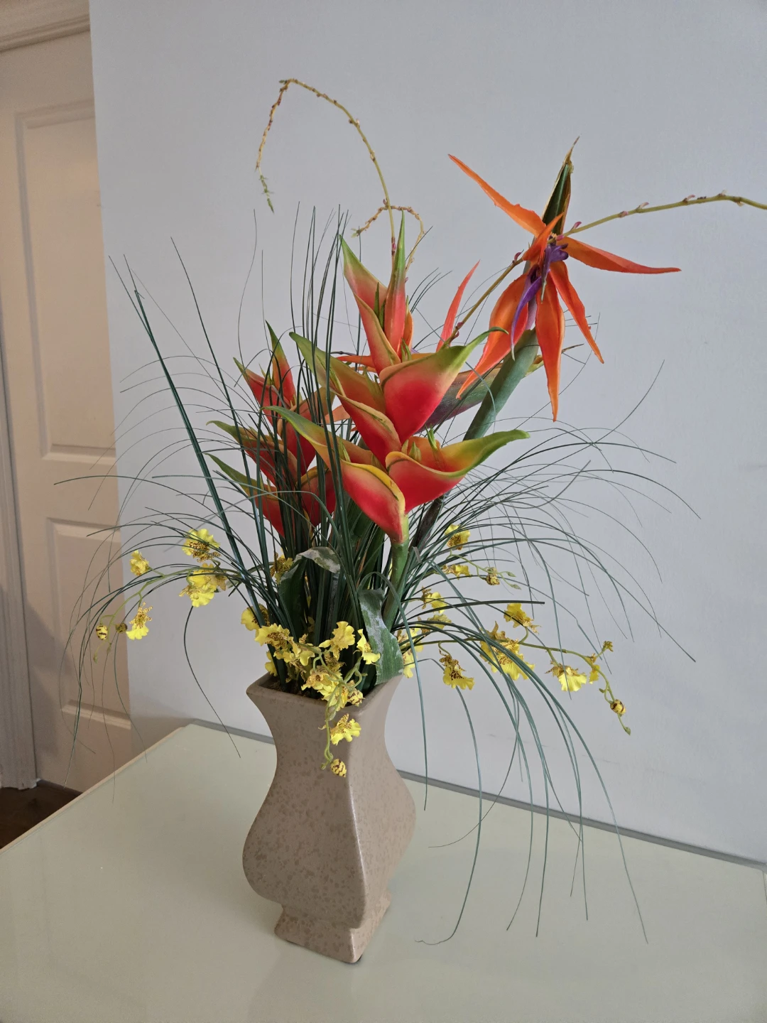 Artificial Heliconia Flower Arrangement in Beige Vase