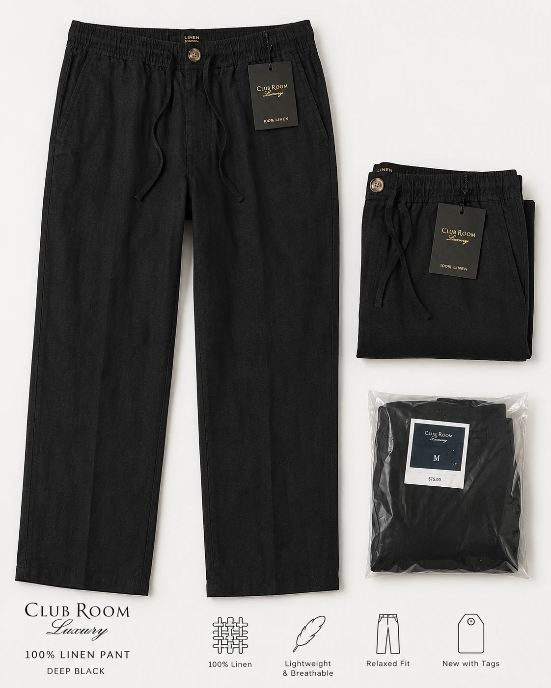 Club Room Luxury 100% Linen Pants - Deep Black - Size M