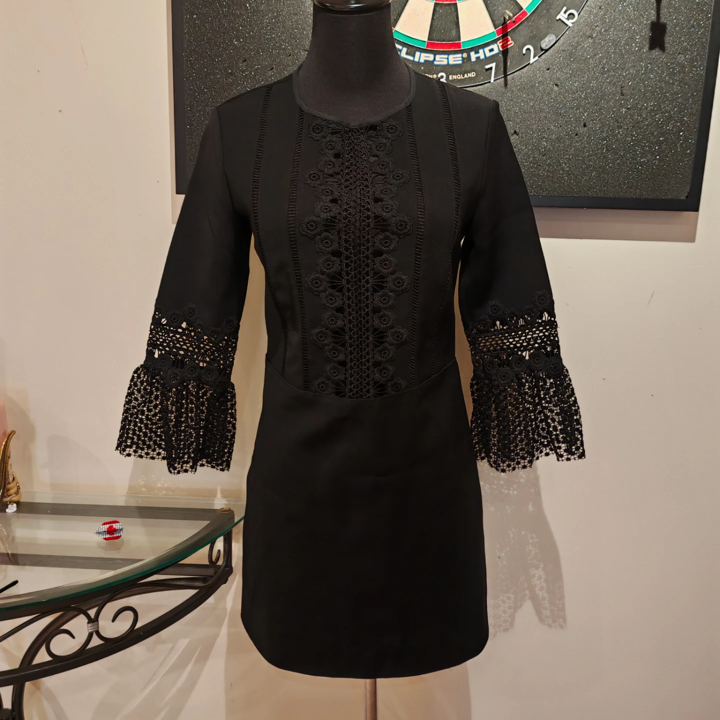 Self-Portraitlace-insert bell-sleeve mini dress - photo 5
