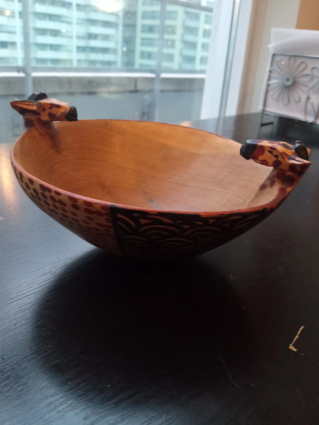 Carved Wooden Decorative Bowl with Giraffe Handles