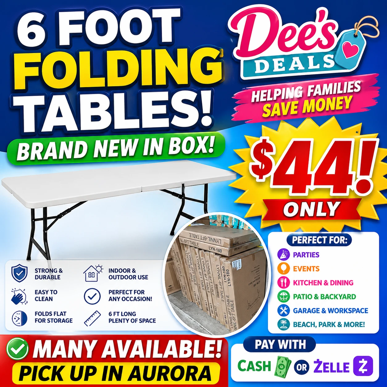6 Foot Folding Table - Strong & Durable - photo 2
