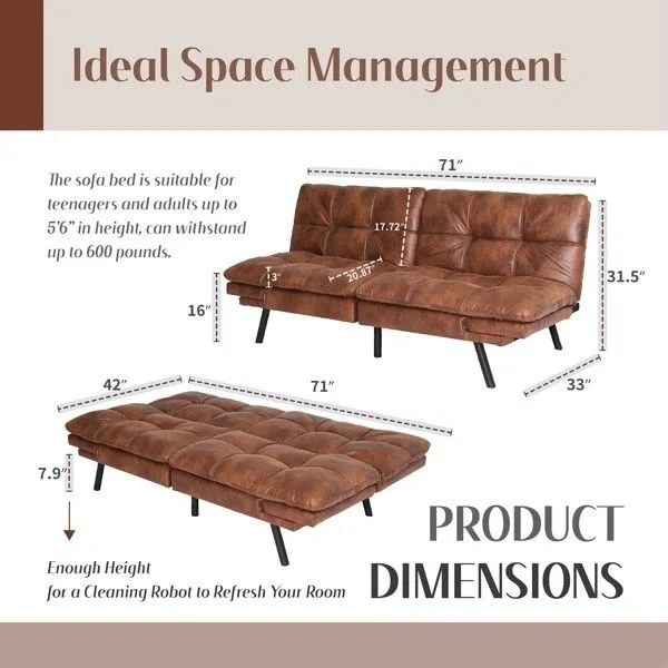71" Brown Faux Leather Futon Sofa Bed - photo 4