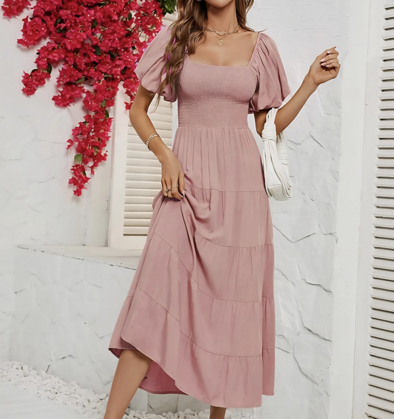 Pink Puff Sleeve Tiered Midi Dress Small - photo 3
