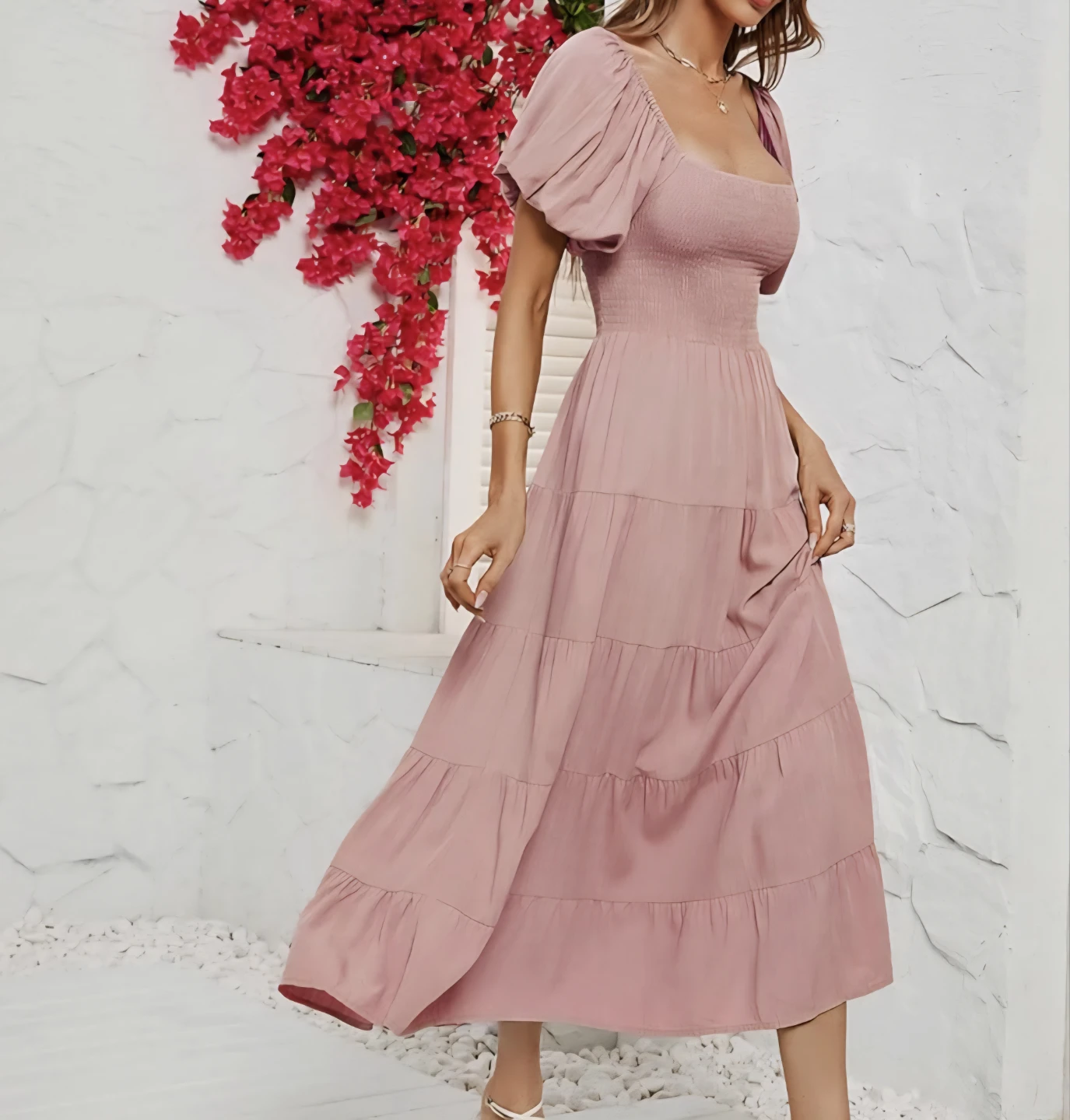 Pink Puff Sleeve Tiered Midi Dress Small - photo 4