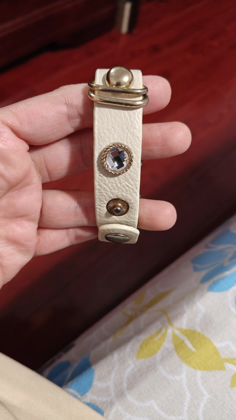 White leather-look bracelet with gold accents and rhinestones - photo 4